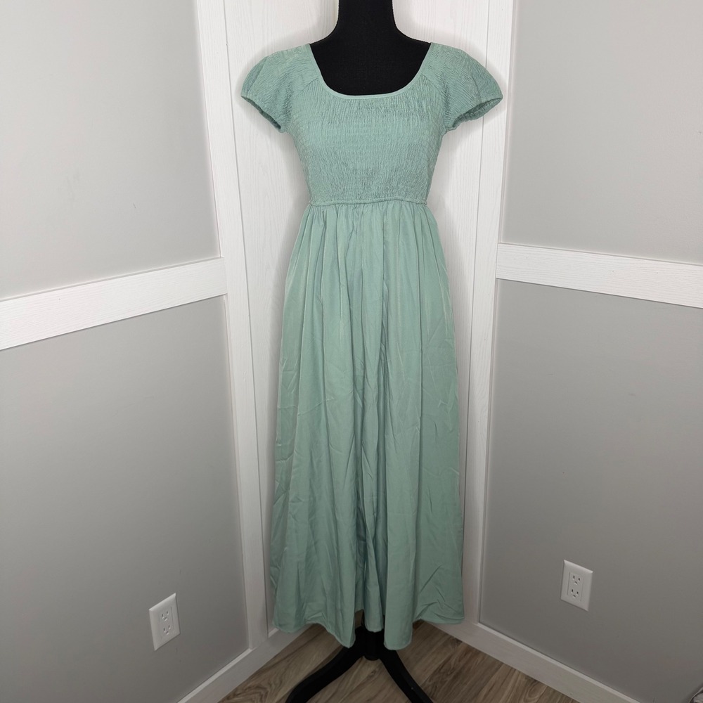 YesFashion Maxi Dress Womens Small Sage Green Smocked Bodice Puff Sleeve Pockets